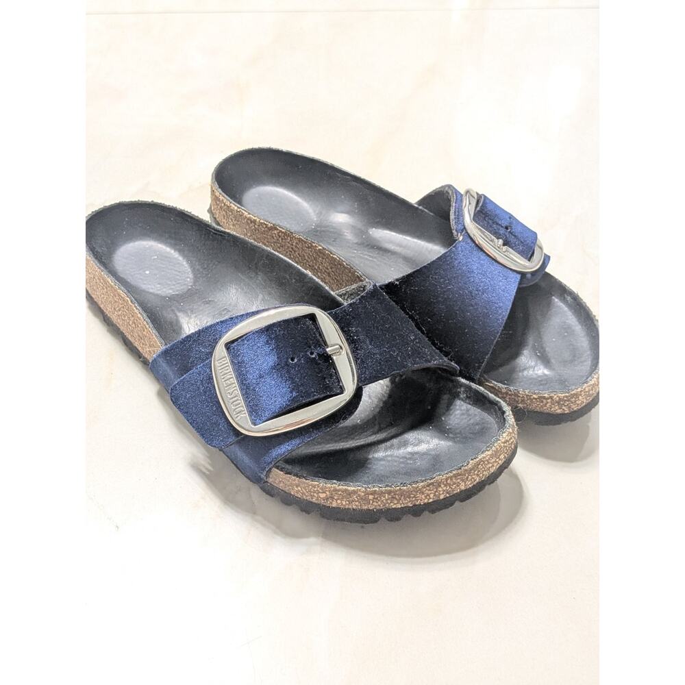 Birkenstock Madrid Big Buckle Navy Blue Velvet Slide Sandals Leather Cork Size 7